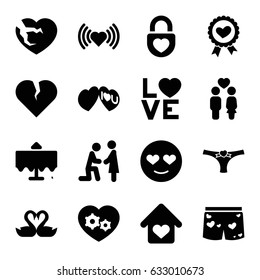 Romantic icons set. set of 16 romantic filled icons such as restaurant table, heart, emot in love, couple, heart ribbon, love word
