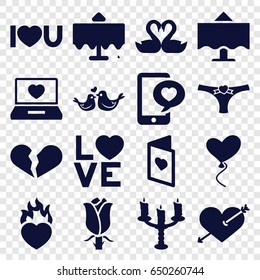Romantic icons set. set of 16 romantic filled icons such as restaurant table, heart with arrow, broken heart, rose, love word, lovebirds, i love you, love card