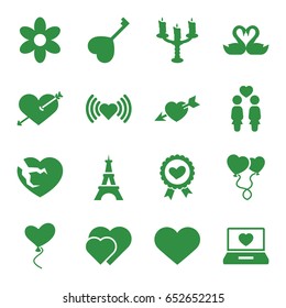 Romantic icons set. set of 16 romantic filled icons such as eiffel tower, flower, heart, heart with arrow, women couple, heart ribbon