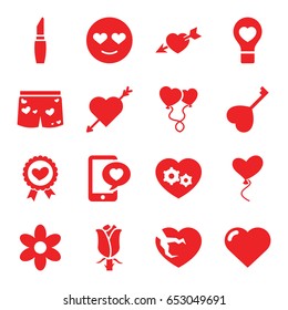 Romantic icons set. set of 16 romantic filled icons such as heart, flower, lipstick, emot in love, rose