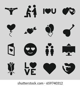 Romantic icons set. set of 16 romantic filled icons such as emot in love, rose, women couple, love word, broken heart, heart baloons, restaurant table