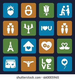 Romantic icons set. set of 16 romantic filled icons such as eiffel tower, rose, women couple, couple, gear heart, swan heart, love word, i love you, love home, candlestick