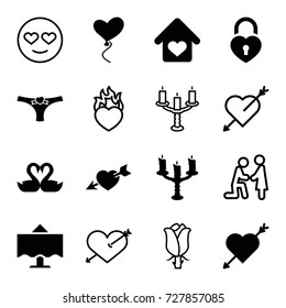 Romantic icons set. set of 16 romantic filled and outline icons such as swan heart, heart baloons, love home, restaurant table, candlestick, rose, emot in love