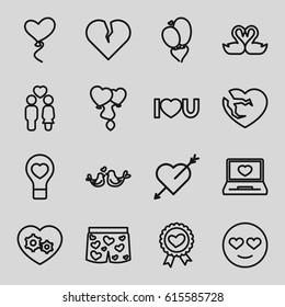 Romantic icons set. set of 16 romantic outline icons such as couple, heart ribbon, gear heart, lovebirds, I love you