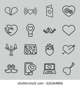 Romantic icons set. set of 16 romantic outline icons such as heart, gear heart, lovebirds, love card