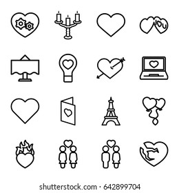 Romantic icons set. set of 16 romantic outline icons such as eiffel tower, women couple, couple, gear heart, laptop with heart, i love you, love card, restaurant table