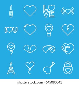 Romantic icons set. set of 16 romantic outline icons such as eiffel tower, heart, lipstick, bulb heart, love word