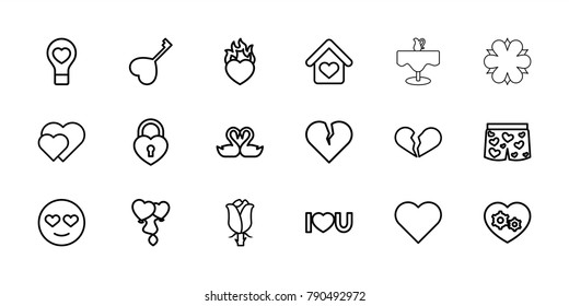 Romantic icons. set of 18 editable outline romantic icons: heart, emot in love, broken heart, hearts, rose, i love you, love home, restaurant table
