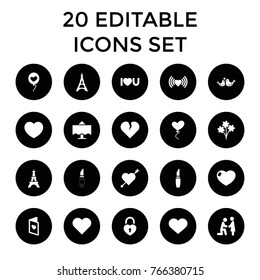 Romantic icons. set of 20 editable filled romantic icons such as eiffel tower, lipstick, heart, marriage proposal, heart with arrow, bouquet, lovebirds, i love you, love card