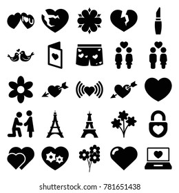 Romantic icons. set of 25 editable filled romantic icons such as eiffel tower, heart, flower, lipstick, marriage proposal, hearts, bouquet, women couple, couple, gear heart