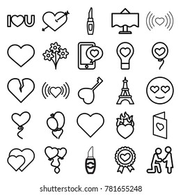 Romantic icons. set of 25 editable outline romantic icons such as eiffel tower, lipstick, heart, heart with arrow, emot in love, marriage proposal, hearts, bouquet, i love you