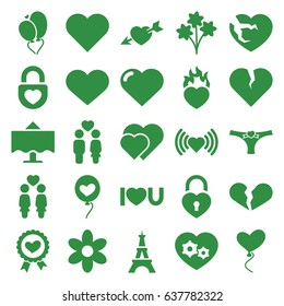 Romantic icons set. set of 25 romantic filled icons such as eiffel tower, heart, flower, broken heart, women couple, couple, heart ribbon, i love you, restaurant table