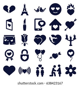 Romantic icons set. set of 25 romantic filled icons such as eiffel tower, flower, lipstick, heart, emot in love, broken heart, rose, women couple, heart ribbon, lovebirds
