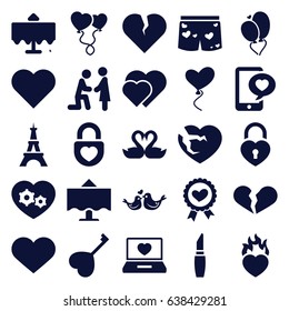 Romantic icons set. set of 25 romantic filled icons such as restaurant table, eiffel tower, lipstick, broken heart, heart ribbon, gear heart, lovebirds