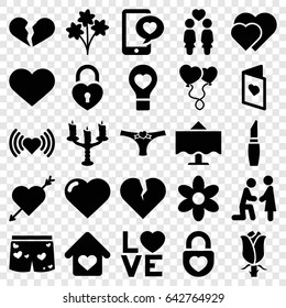 Romantic icons set. set of 25 romantic filled icons such as heart, flower, lipstick, broken heart, rose, women couple, phone with heart, love word, love card, love home