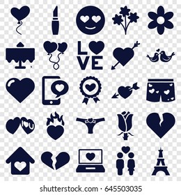 Romantic icons set. set of 25 romantic filled icons such as restaurant table, eiffel tower, heart, flower, lipstick, emot in love, broken heart, rose, couple, love word