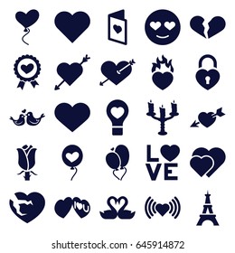 Romantic icons set. set of 25 romantic filled icons such as eiffel tower, heart, heart with arrow, emot in love, broken heart, rose, love word, lovebirds