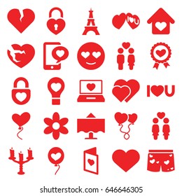 Romantic icons set. set of 25 romantic filled icons such as eiffel tower, flower, emot in love, women couple, couple, heart ribbon, laptop with heart, phone with heart