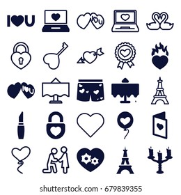 Romantic icons set. set of 25 romantic filled and outline icons such as restaurant table, eiffel tower, lipstick, gear heart, laptop with heart, i love you, love card