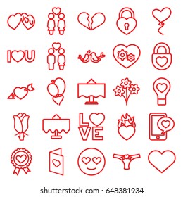 Romantic icons set. set of 25 romantic outline icons such as restaurant table, rose, women couple, couple, heart ribbon, gear heart, love word, lovebirds, i love you