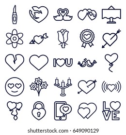 Romantic icons set. set of 25 romantic outline icons such as flower, lipstick, heart, rose, heart ribbon, swan heart, love word, lovebirds, i love you, restaurant table