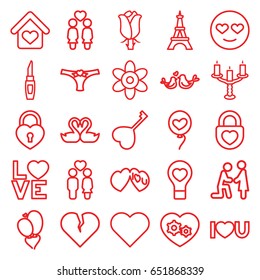 Romantic icons set. set of 25 romantic outline icons such as eiffel tower, flower, lipstick, rose, women couple, couple, gear heart, swan heart, love word, lovebirds