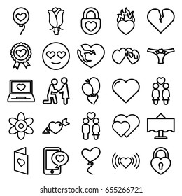Romantic icons set. set of 25 romantic outline icons such as heart, flower, rose, women couple, couple, heart ribbon, laptop with heart, i love you, love card