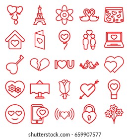 Romantic icons set. set of 25 romantic outline icons such as eiffel tower, flower, heart, rose, couple, gear heart, laptop with heart, lovebirds, i love you, love card