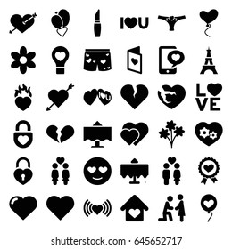 Romantic icons set. set of 36 romantic filled icons such as restaurant table, eiffel tower, heart, flower, lipstick, heart with arrow, emot in love, broken heart, women couple