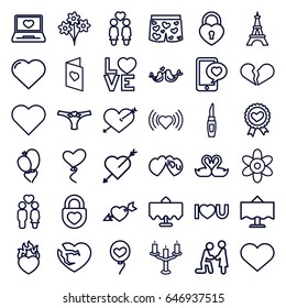 Romantic icons set. set of 36 romantic outline icons such as restaurant table, eiffel tower, heart, flower, lipstick, women couple, couple, heart ribbon, love word, lovebirds