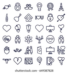 Romantic icons set. set of 36 romantic outline icons such as restaurant table, eiffel tower, flower, lipstick, rose, women couple, couple, heart ribbon, gear heart, love word
