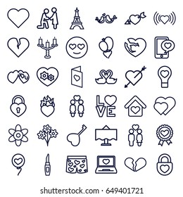 Romantic icons set. set of 36 romantic outline icons such as eiffel tower, flower, lipstick, heart, women couple, couple, heart ribbon, gear heart, love word, lovebirds