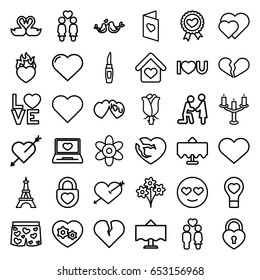 Romantic icons set. set of 36 romantic outline icons such as restaurant table, eiffel tower, heart, flower, lipstick, rose, women couple, couple, heart ribbon, gear heart