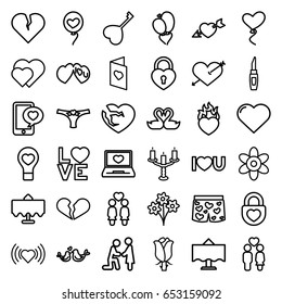 Romantic icons set. set of 36 romantic outline icons such as restaurant table, heart, flower, lipstick, rose, women couple, couple, laptop with heart, swan heart, love word