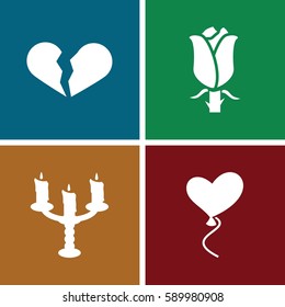 romantic icons set. Set of 4 romantic filled icons such as broken heart, rose, heart baloons