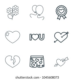 Romantic icons. set of 9 editable outline romantic icons such as heart with arrow, heart ribbon, i love you