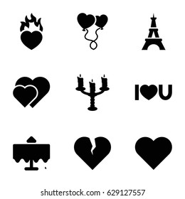 Romantic icons set. set of 9 romantic filled icons such as restaurant table, Eiffel Tower, heart balloons, I love you, heart in fire, candlestick