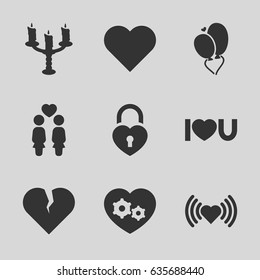 Romantic icons set. set of 9 romantic filled icons such as heart, women couple, gear heart, i love you