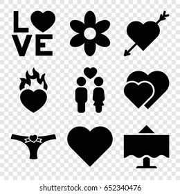 Romantic icons set. set of 9 romantic filled icons such as flower, couple, love word, heart in fire, panties with heart, restaurant table