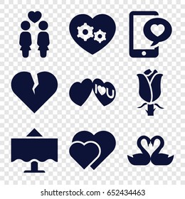 Romantic icons set. set of 9 romantic filled icons such as rose, women couple, gear heart, swan heart, phone with heart, i love you