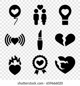 Romantic icons set. set of 9 romantic filled icons such as lipstick, heart, broken heart