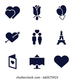 Romantic icons set. set of 9 romantic filled icons such as eiffel tower, heart with arrow, rose, couple, heart baloons, heart, love card, restaurant table