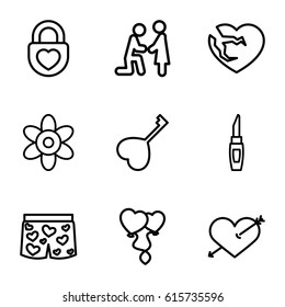 Romantic icons set. set of 9 romantic outline icons such as flower, lipstick, broken heart, heart balloons