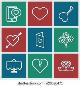 Romantic icons set. set of 9 romantic outline icons such as restaurant table, swan heart, phone with heart, love card