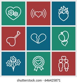Romantic icons set. set of 9 romantic outline icons such as heart, couple, heart ribbon