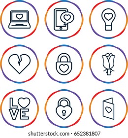 Romantic icons set. set of 9 romantic outline icons such as rose, laptop with heart, phone with heart, love word