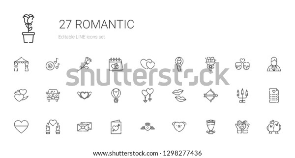 romantic\
icons set. Collection of romantic with bouquet, love, heart,\
wedding invitation, love letter, cupid, kiss, couple, hot air\
balloon. Editable and scalable romantic\
icons.