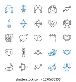 romantic icons set. Collection of romantic with candelabra, romantic music, cupid, kiss, heart, love letter, rose, broken heart, lips, hearts. Editable and scalable icons.