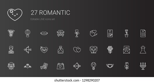romantic icons set. Collection of romantic with heart, hot air balloon, cupid, wedding day, love letter, wedding car, bouquet, hearts, wedding dress. Editable and scalable romantic icons.