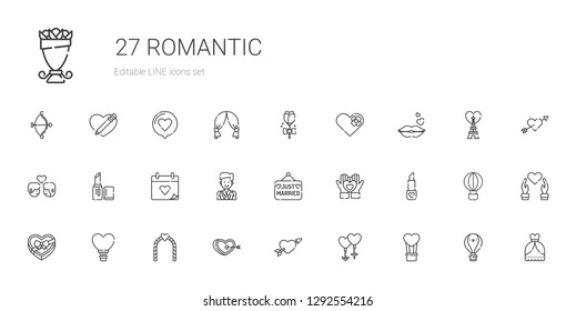 romantic icons set. Collection of romantic with hot air balloon, couple, cupid, heart, wedding arch, chocolate box, lipstick, just married. Editable and scalable romantic icons.